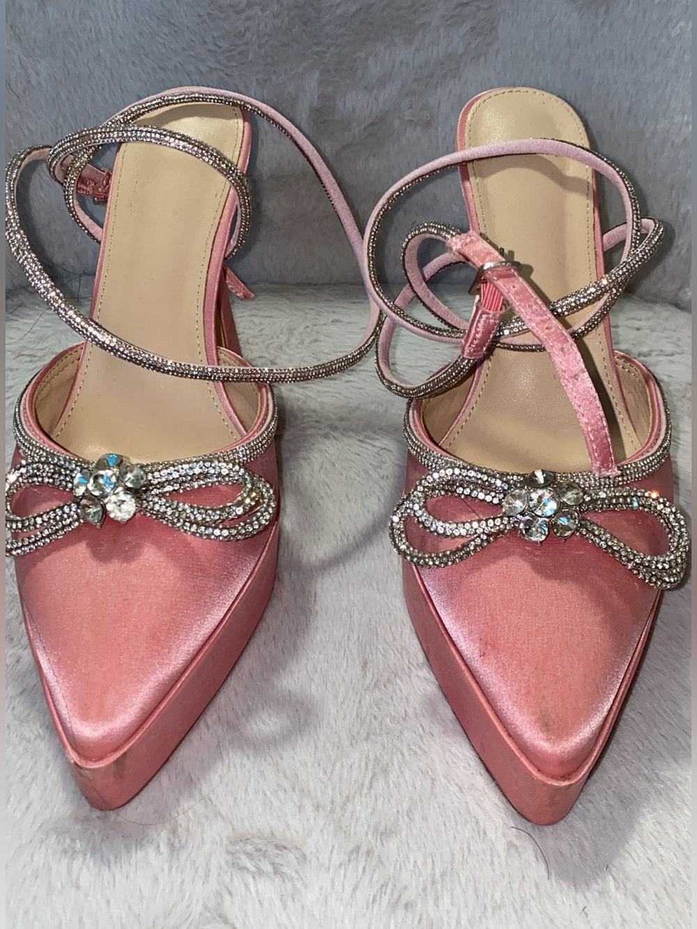 Elegant Pink Satin Pointed-Toe Evening Heels with Crystal Bow